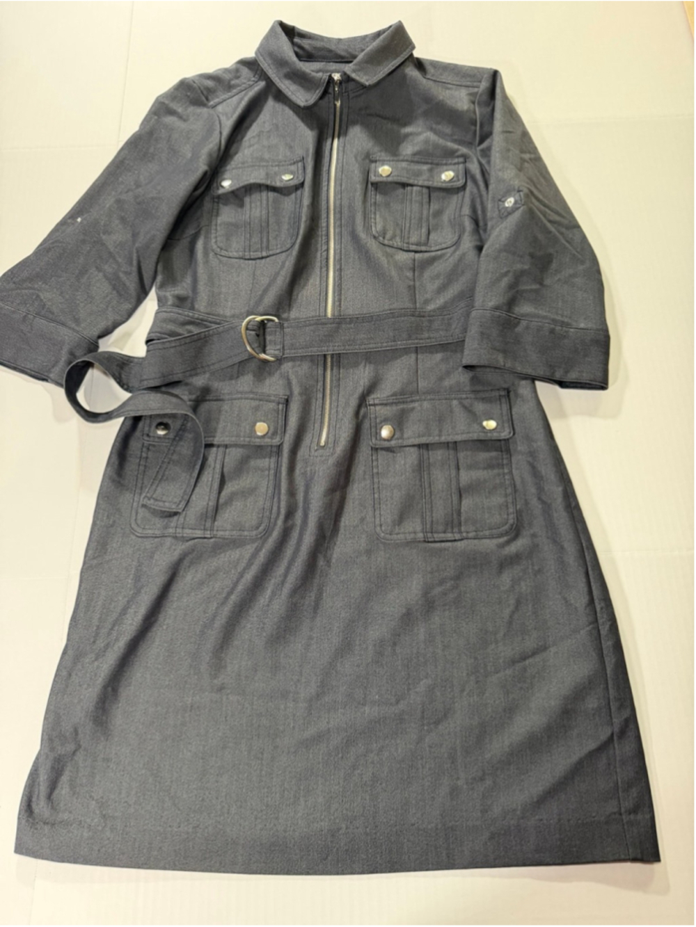 Sharagano dark gray utility shirt dress featuring a full front zipper, belt